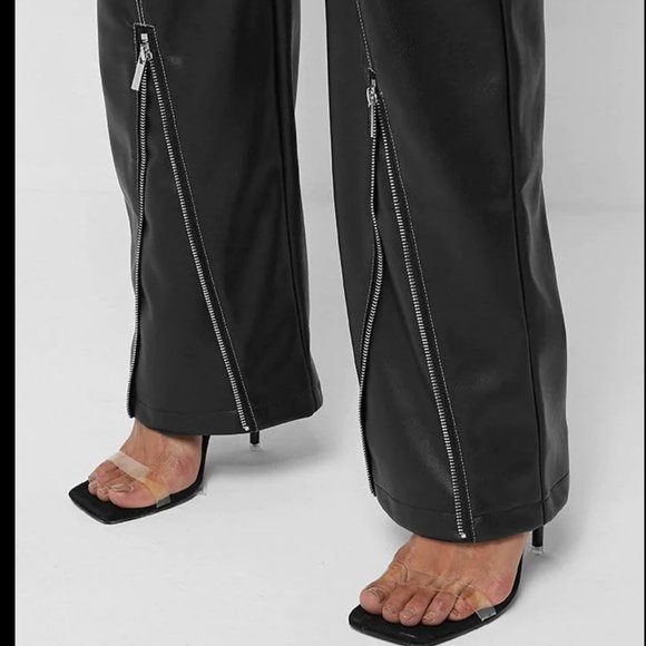 💥HOT ITEM💥MANIÈRE DE VOIR Leather High Waist Wide Leg Moto Pants in Black - Picture 5 of 15